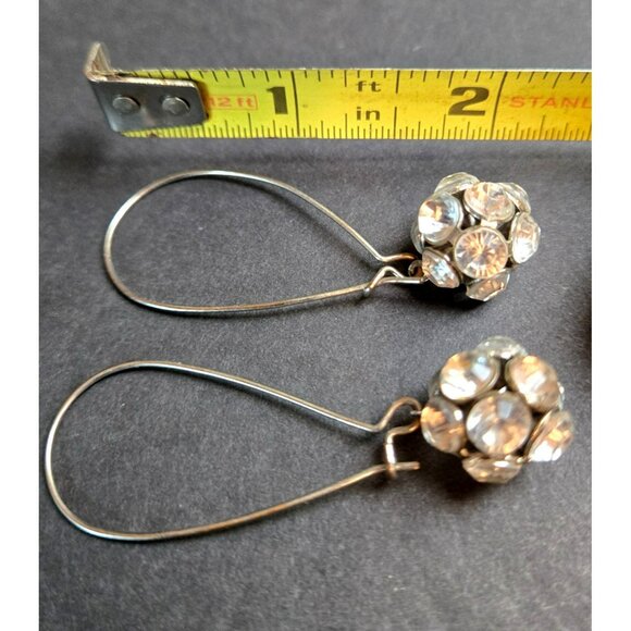 Vintage Rhinestone Ball Drop Earrings Silver Tone Long Wire Dangle 2" - Picture 5 of 6